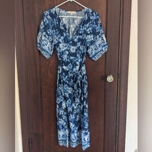 Loft Blue Vacation Print Short Sleeve Midi Dress Size Large Petite